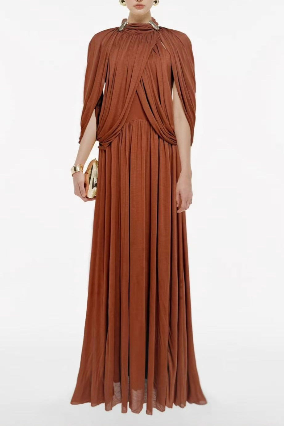 LEONA BROWN DRAPED CAPE SLEEVE MAXI DRESS