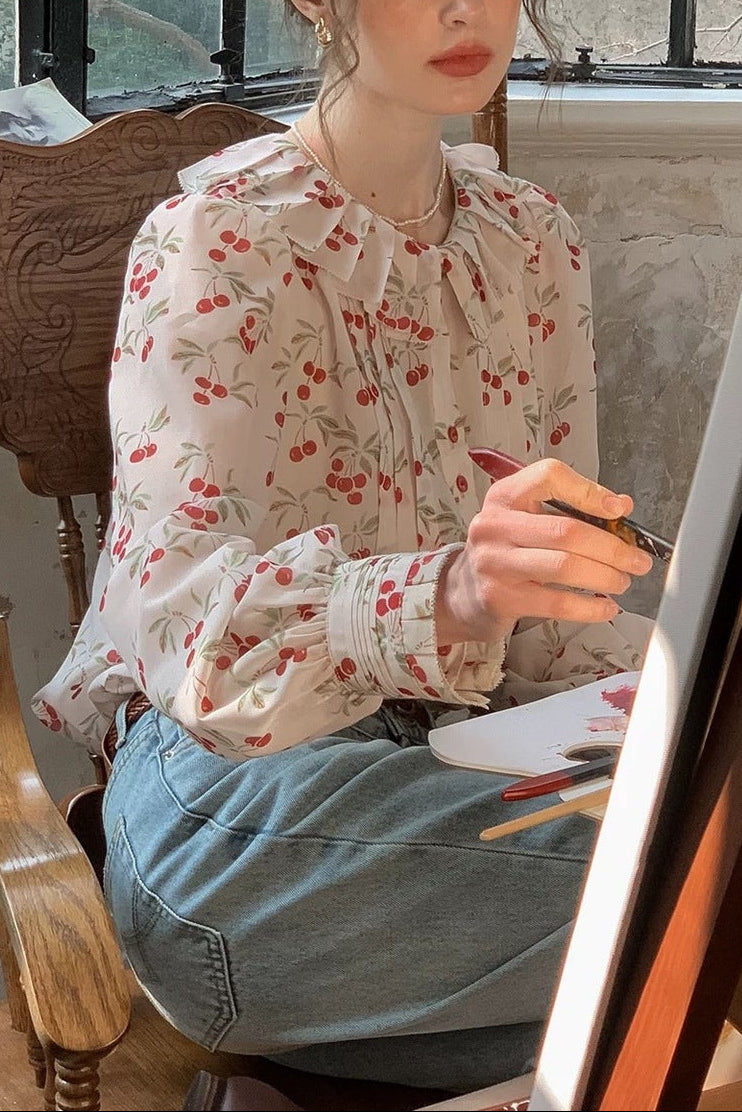 SILK CREPE COLLAR LANTERN SLEEVE TOP