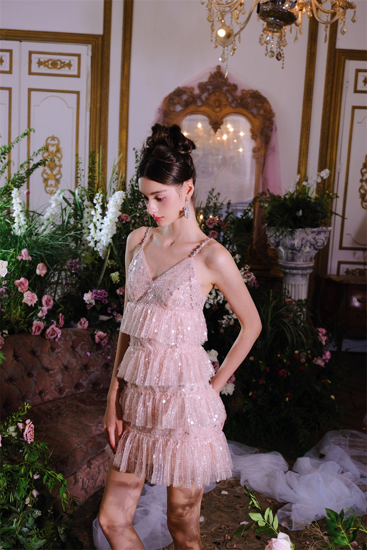 PINK SLEEVELESS SEQUIN RUFFLE SHORT PARTY DRESS