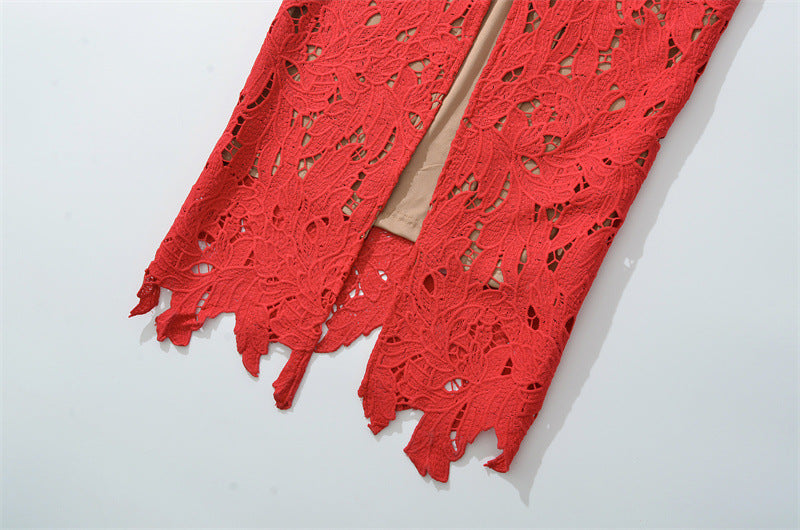 HERMOSA RED EMBROIDERED LACE MAXI DRESS