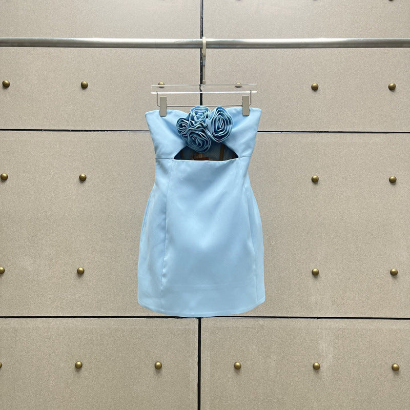 STRAPLESS BLUE CUTOUT MINI DRESS FOR PARTY