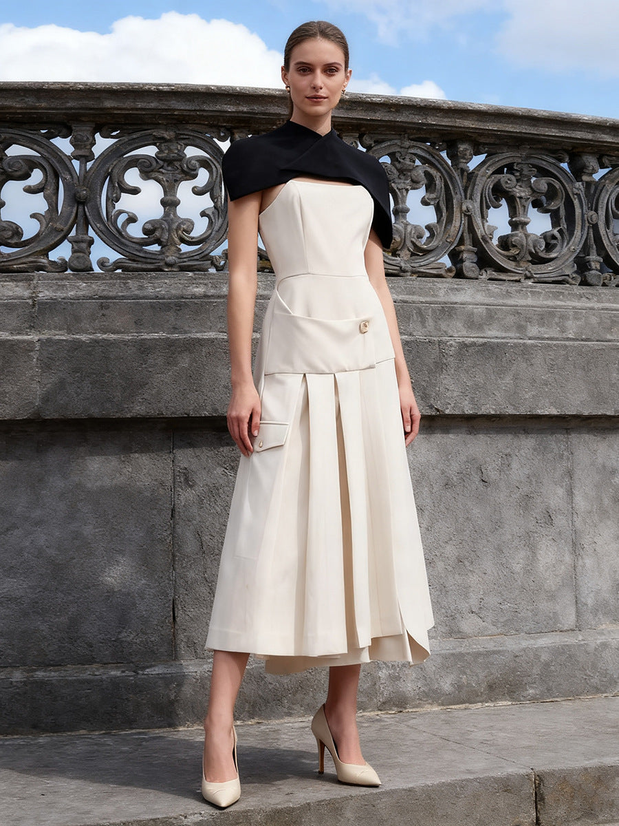 GUSTAVE KHAKI CAPE MIDI DRESS, SLEEVELESS, WEDDING GUEST