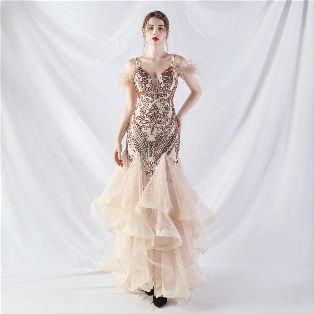 FEATHER SEQUIN STRAPLESS TULLE MAXI DRESS