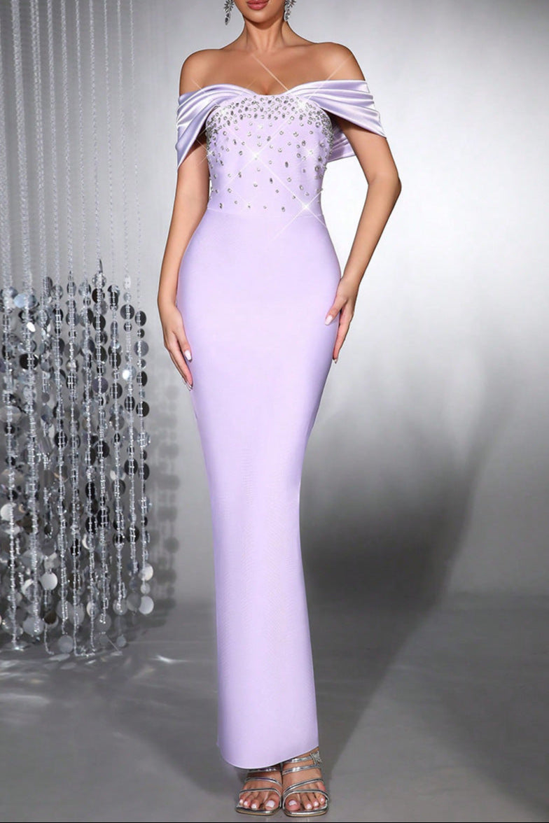 BELEN DIAMOND OFF-SHOULDER BODYCON MAXI DRESS PALE PURPLE