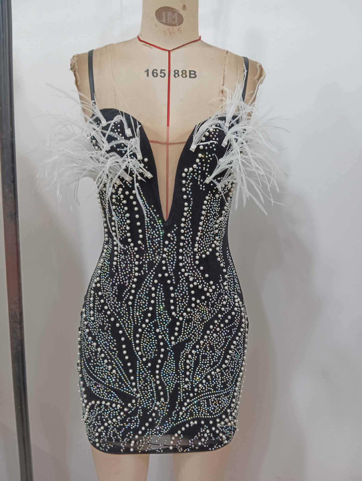 ZENOBIA PEARL MINI DRESS, DEEP V-NECK BACKLESS PARTY