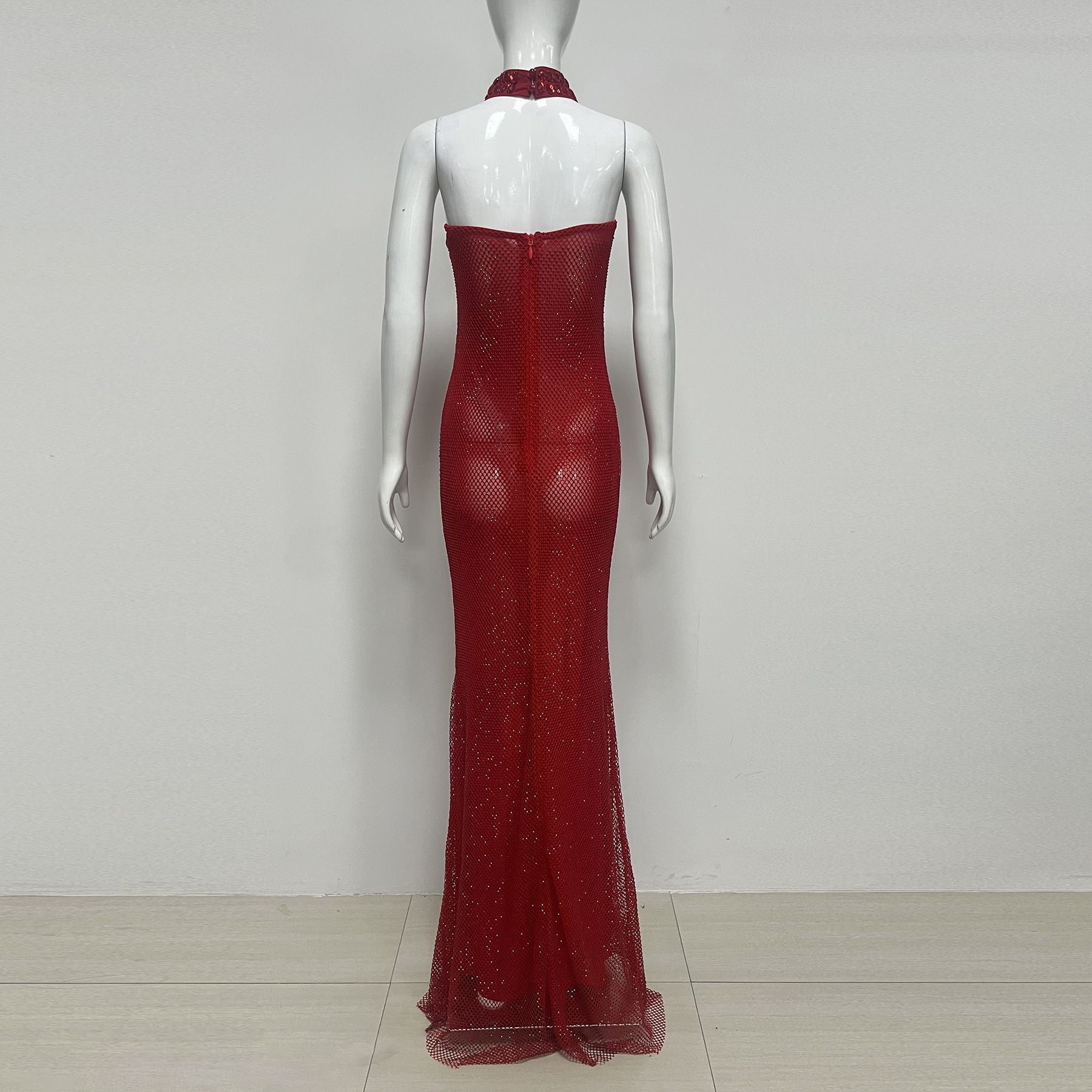 SHERRY SEQUIN STRAPLESS MAXI DRESS RHINESTONE RED