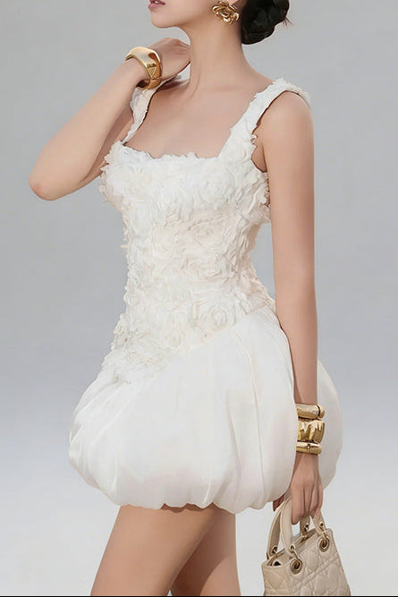 JOCELYN PUFFY MINI DRESS WITH FLOWER EMBELLISHMENT