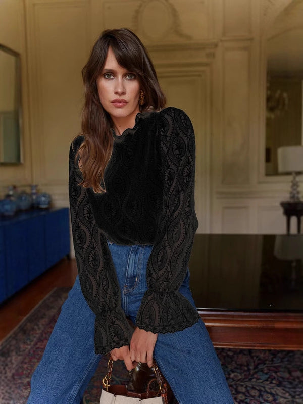 HOLLOW LACE LONG SLEEVE TOP FOR PARTY