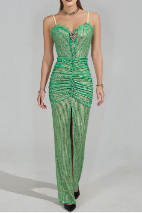 BERTHA GREEN SEQUIN HIGH SLIT PLEATED MAXI DRESS