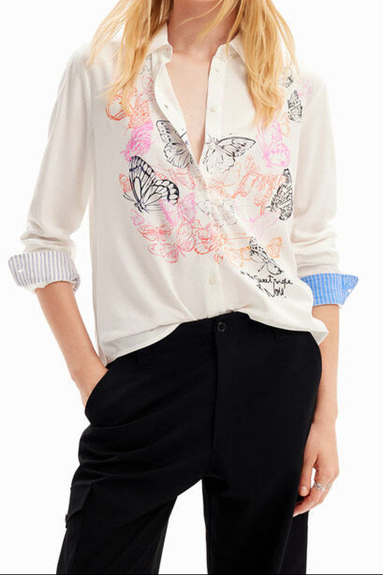 WHITE BUTTERFLY PRINT SHIRT, STRIPED CUFFS, CASUAL