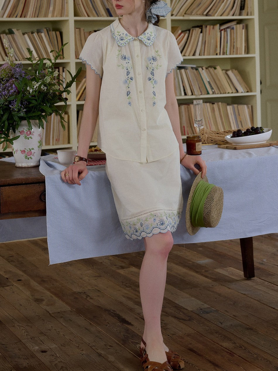 COTTON DOLL COLLAR EMBROIDERY SKIRT SET