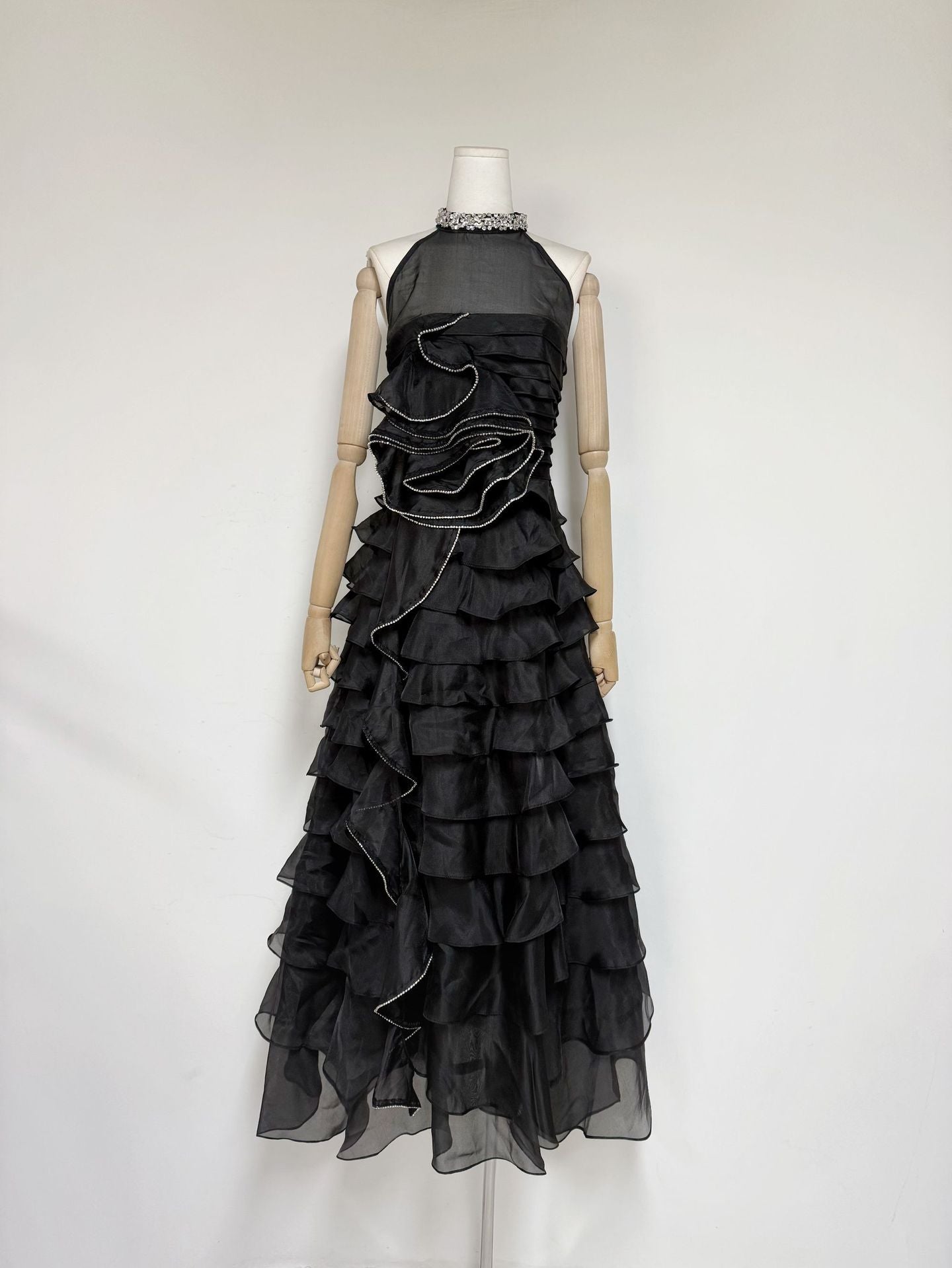 RHINESTONE PETAL RUFFLE MAXI DRESS FOR WEDDING