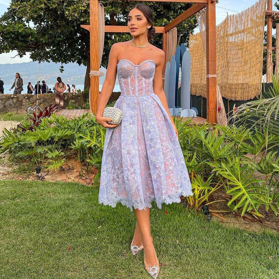 AGNENS PURPLE STRAPLESS LACE MIDI DRESS
