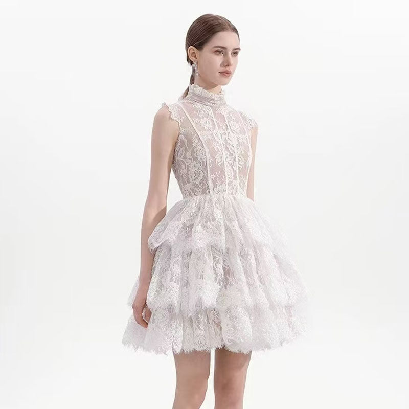 SLEEVELESS STAND COLLAR LACE TUTU MINI DRESS WHITE