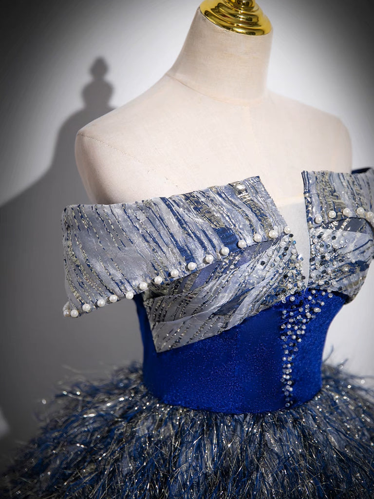 A-LINE SEQUIN BLUE PROM GOWN, SHINY