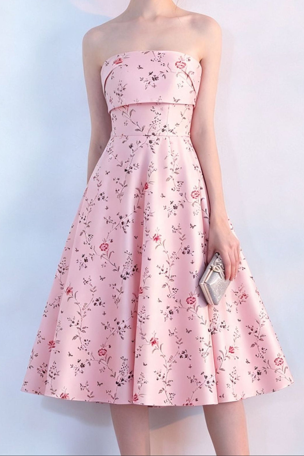 FLORAL STRAPLESS MIDI DRESS FOR PARTY