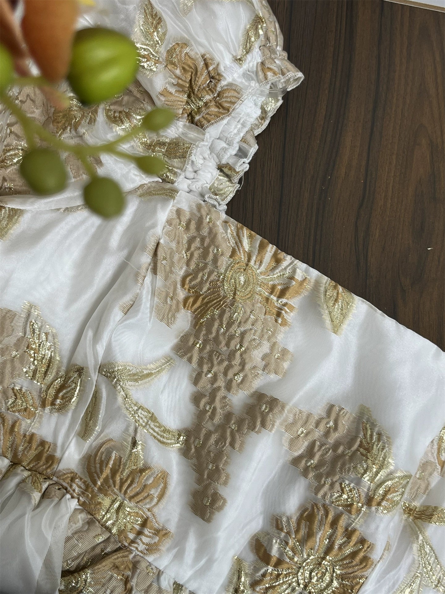 GOLD JACQUARD SQUARE NECK PUFF SLEEVE MINI DRESS