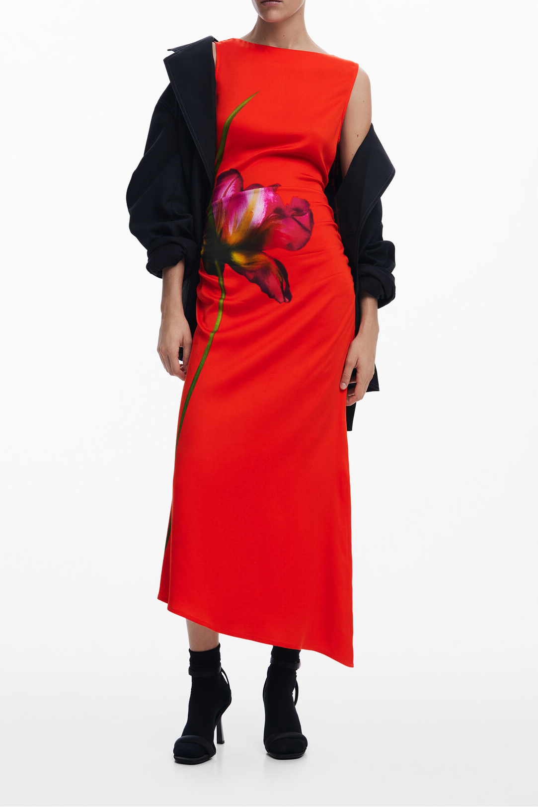 RED RUCHED MIDI DRESS, SLEEVELESS FLORAL FOR WEDDING