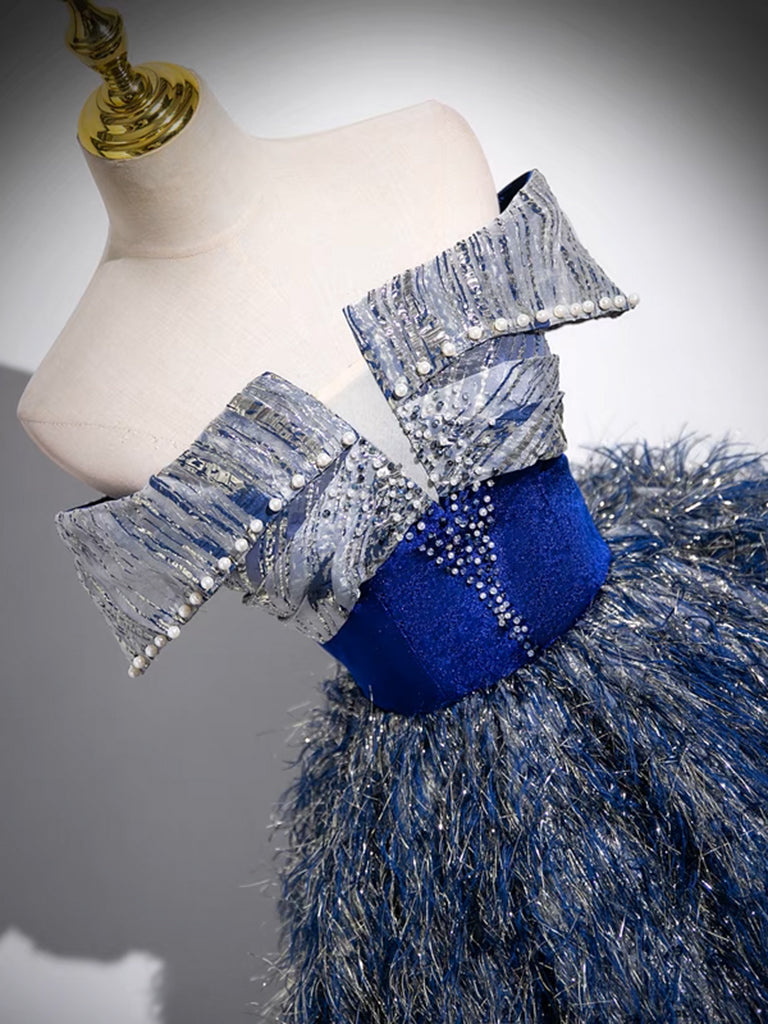 A-LINE SEQUIN BLUE PROM GOWN, SHINY