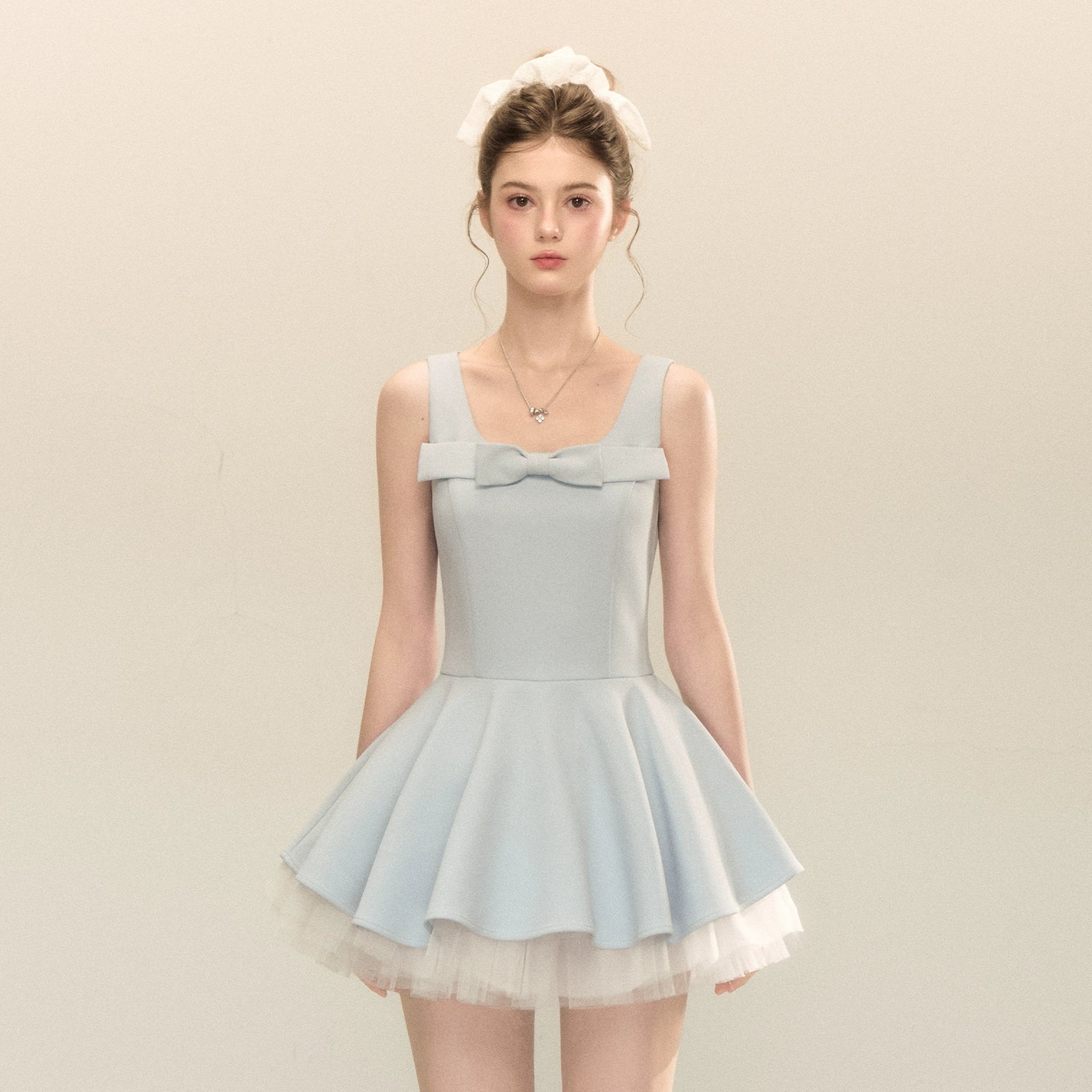 SPLICED MESH PUFFY MINI DRESS FOR PARTY