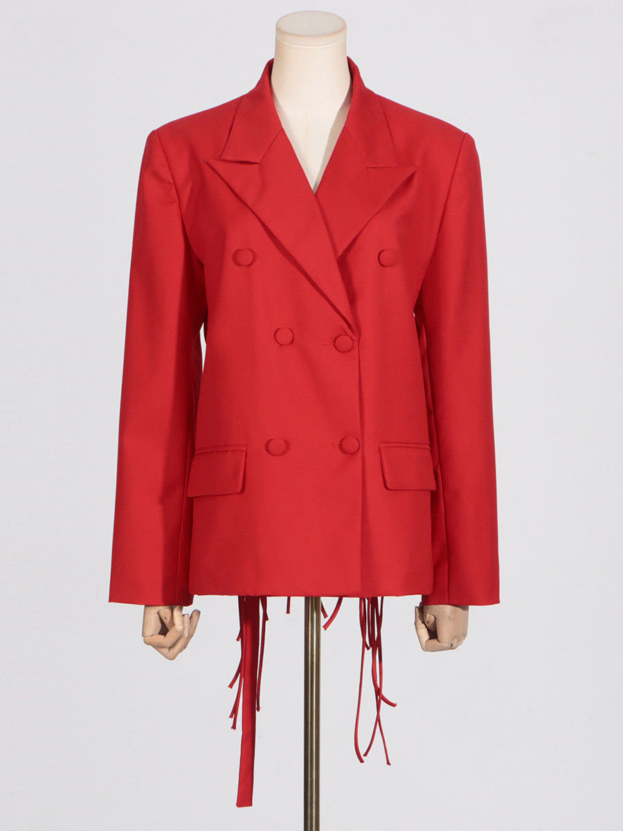 VIENNA RED BACKLESS BLAZER WITH FRINGE CUTOUT