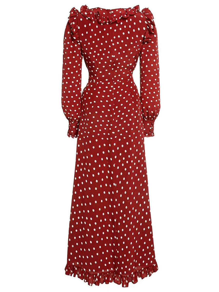 RED POLKA DOT LONG SLEEVE MIDI DRESS