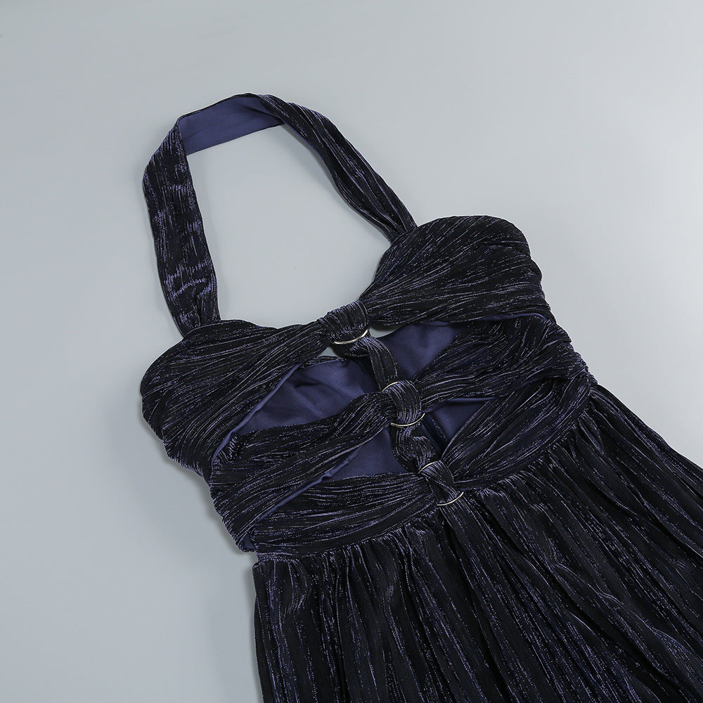 NAVY BLUE HALTER PLEATED CUTOUT MAXI DRESS
