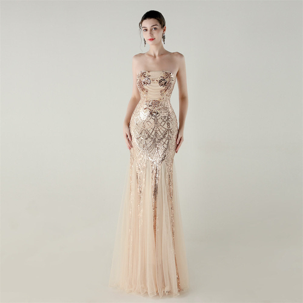 SEQUIN STRAPLESS TULLE MAXI DRESS FOR PARTY