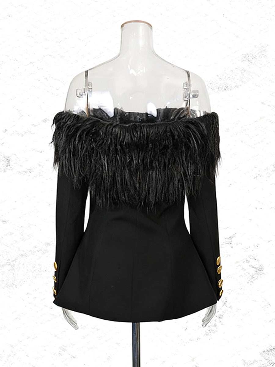 BLACK OFF-SHOULDER FEATHER BLAZER MINI DRESS