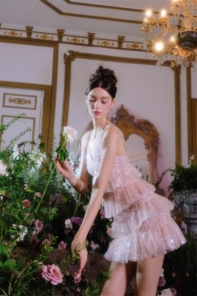 PINK SLEEVELESS SEQUIN RUFFLE SHORT PARTY DRESS