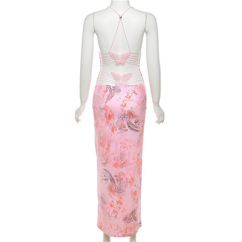 PRINTED STRAPLESS BACKLESS SHEATH MAXI DRESS