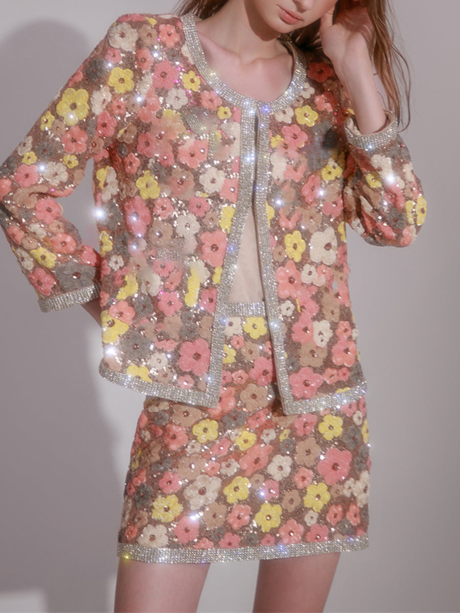 FLORAL DIAMOND TOP & MINI SKIRT SET PINK