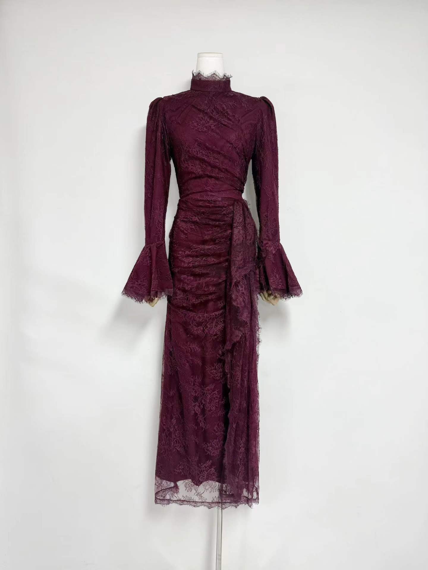 VICTORIA BURGUNDY LONG LANTERN SLEEVE LACE-TRIM MAXI DRESS