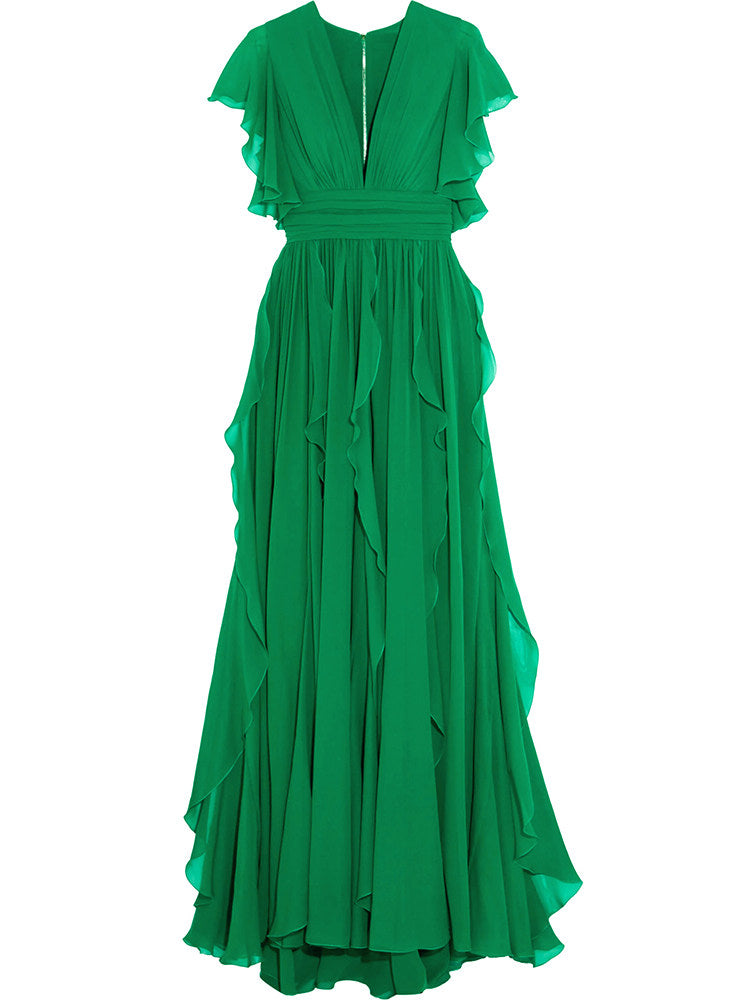 GREEN V-NECK RUFFLE MAXI DRESS FOR WEDDING GUEST