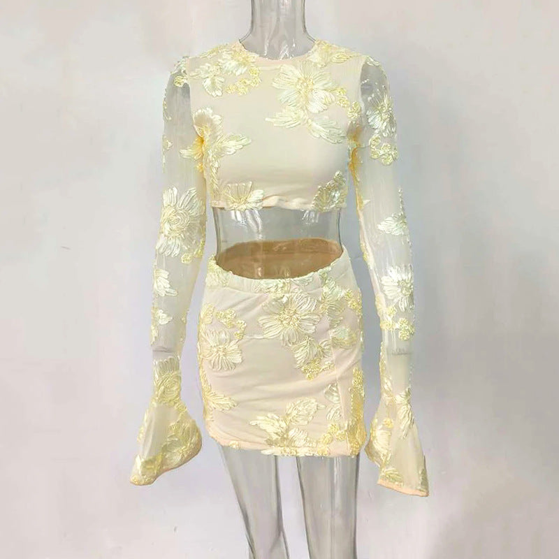 NEFERTITI APRICOT EMBROIDERED BACKLESS T-SHIRT SKIRT SET