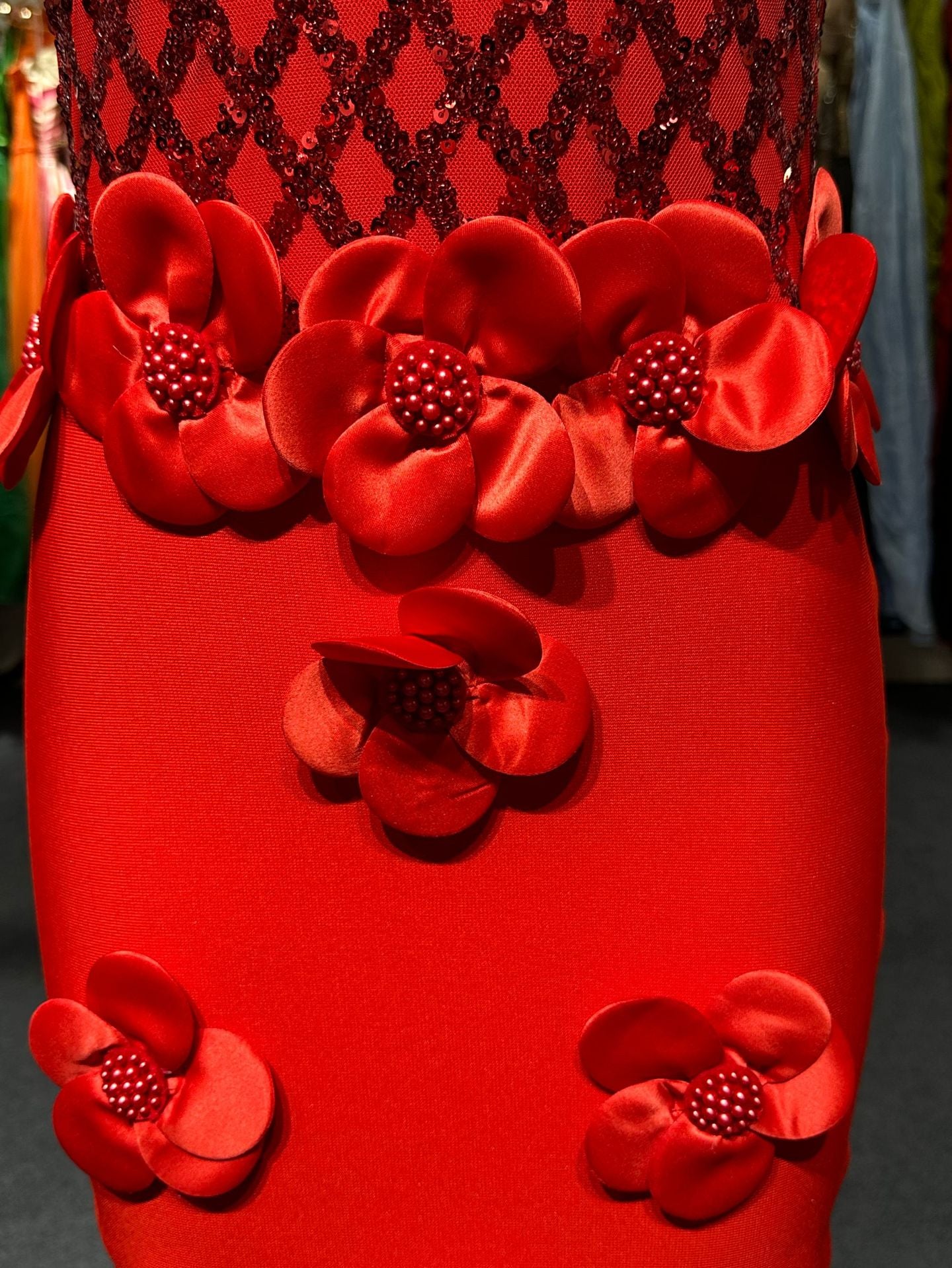 PHOENIX 3D FLOWER SEQUIN HALTER MAXI DRESS, RED