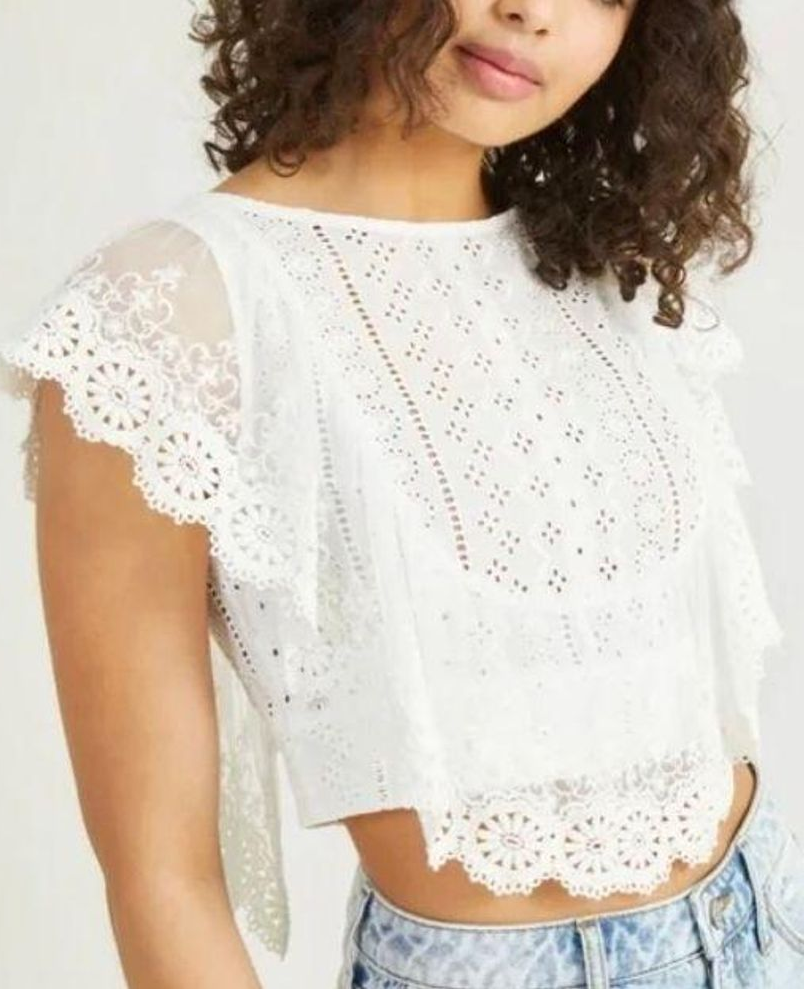 WHITE EYELET FLUTTER SLEEVE BLOUSE FOR SUMMER