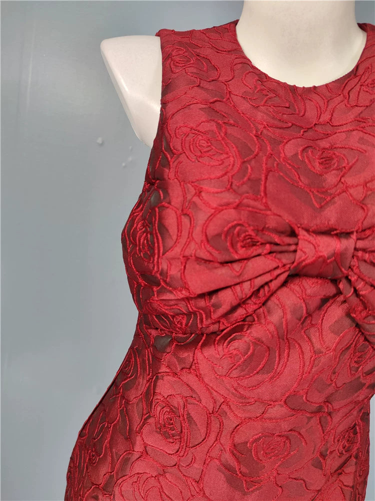 BURGUNDY BOW JACQUARD MINI PARTY DRESS
