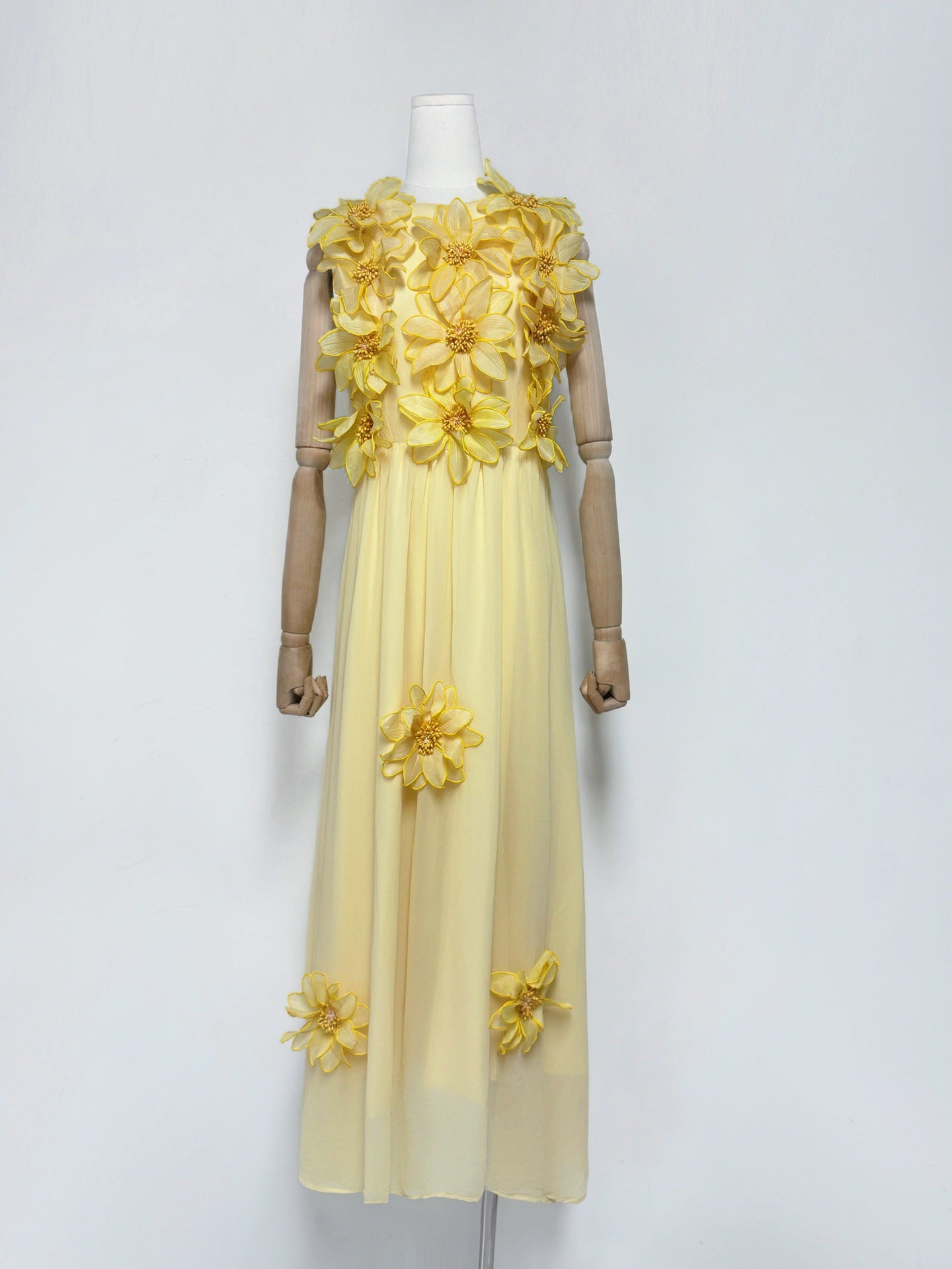 3D FLOWER SLEEVELESS YELLOW MAXI DRESS FOR WEDDING GUEST