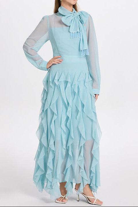 BONNIE BLUE BOW NECK TIERED RUFFLE MAXI DRESS