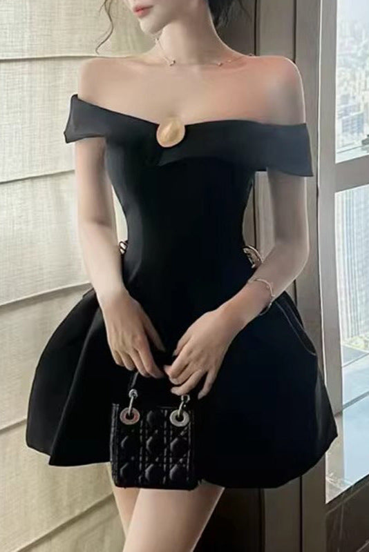 METAL A-LINE OFF-SHOULDER MINI BLACK DRESS