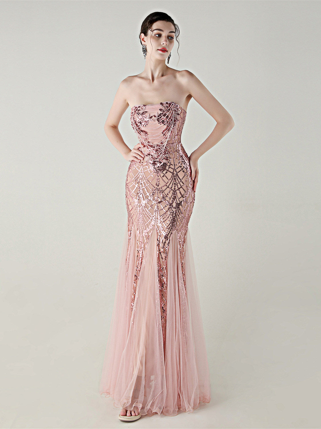 SEQUIN STRAPLESS TULLE MAXI DRESS FOR PARTY