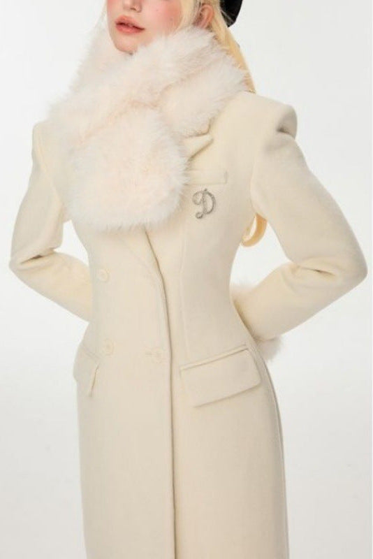 IVORY SLIM FAUX FUR COAT, MIDI WINTER OUTERWEAR