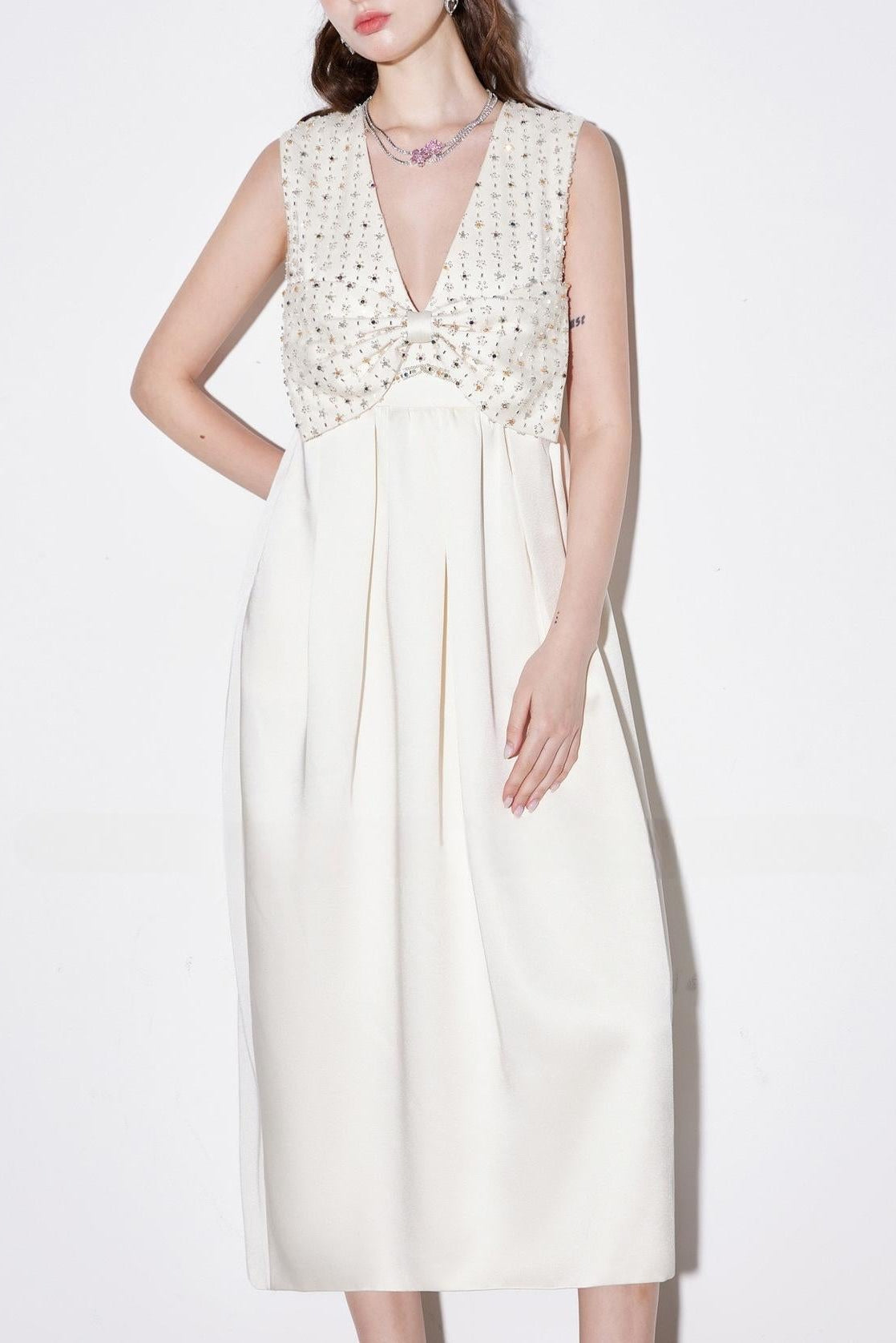 ALVA V-NECK SATIN MAXI DRESS, WHITE, RHINESTONE EMBROIDERY