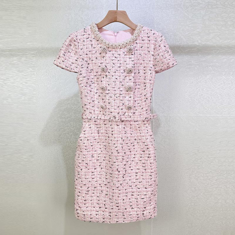 BEADED BOUCLÉ PINK MINI DRESS FOR PARTY