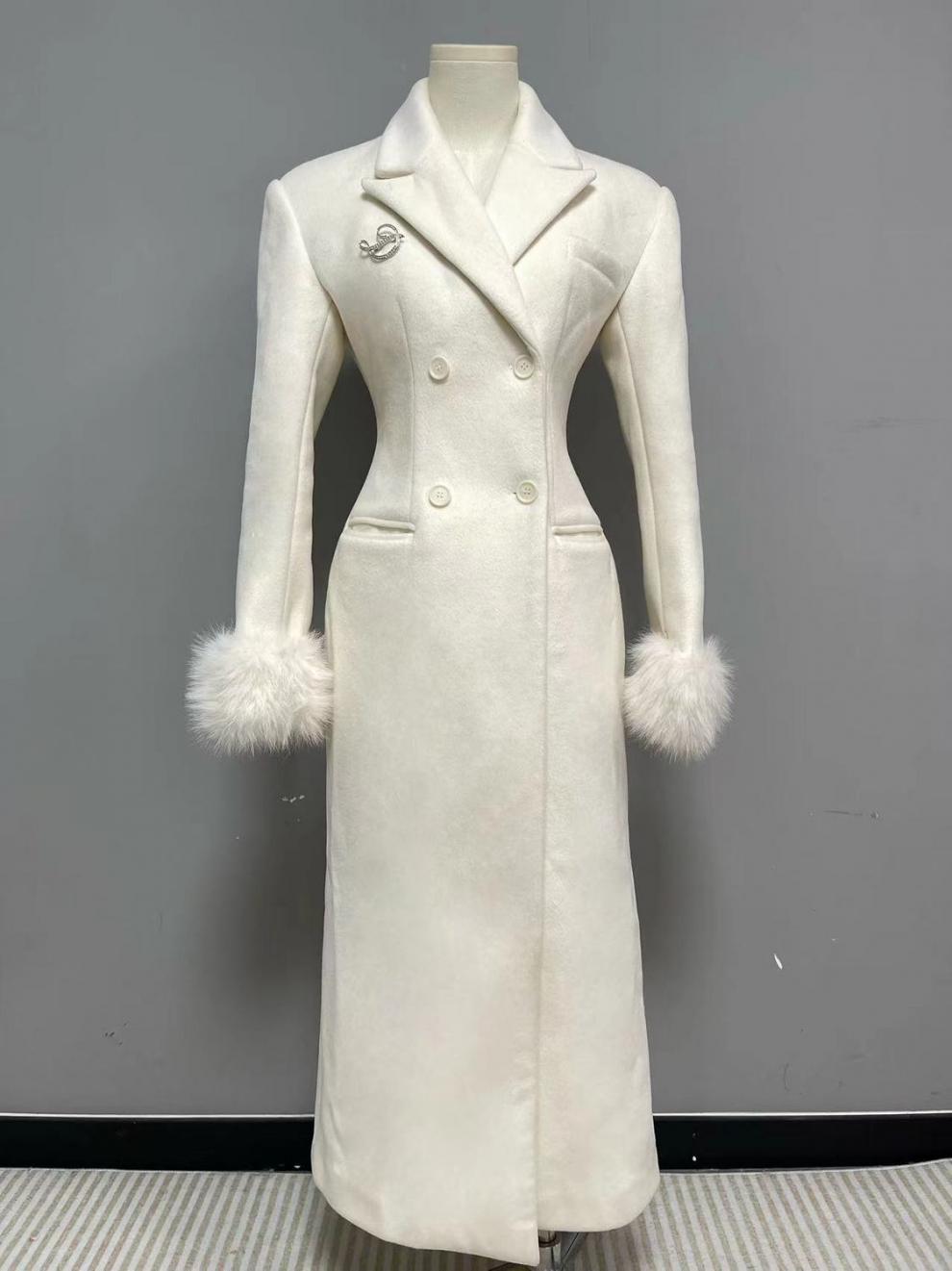 IVORY SLIM FAUX FUR COAT, MIDI WINTER OUTERWEAR