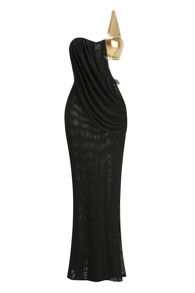 ELVIRA ONE-SHOULDER CHAIN MAXI DRESS BLACK