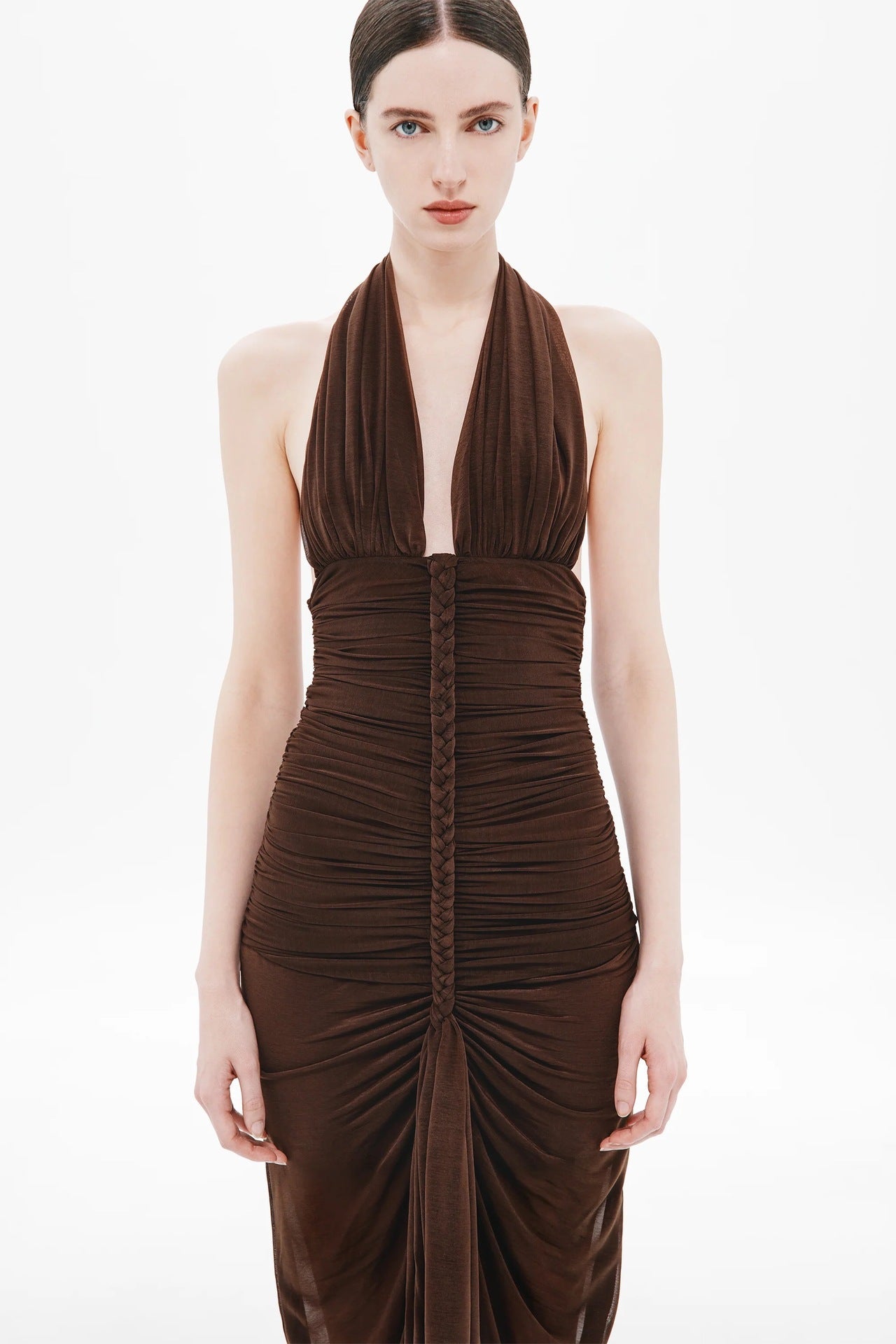 NANCY V-NECK BRAIDED BODYCON MAXI DRESS BROWN