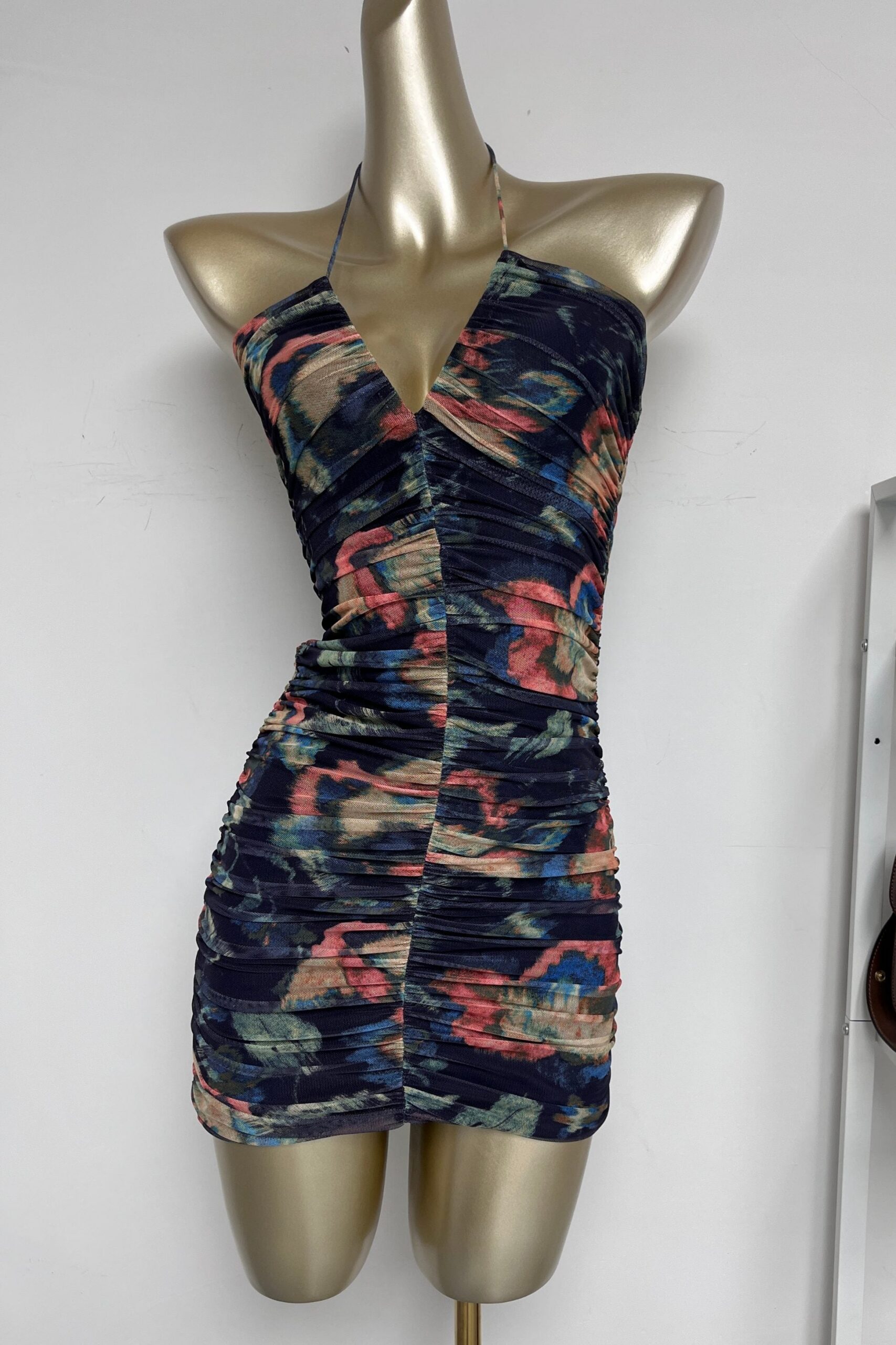 MULTICOLOR FLORAL PLEATED BODYCON MINI DRESS