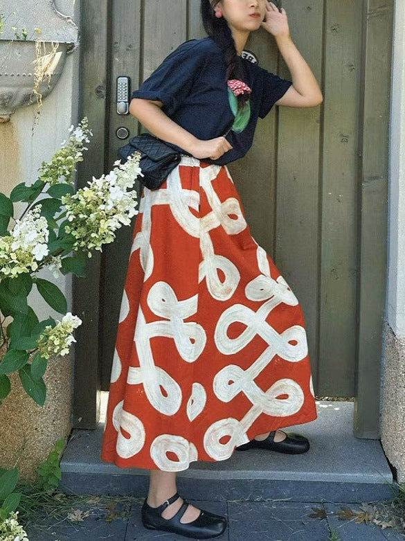 RED A-LINE PAINTED SKIRT FOR PARTIES